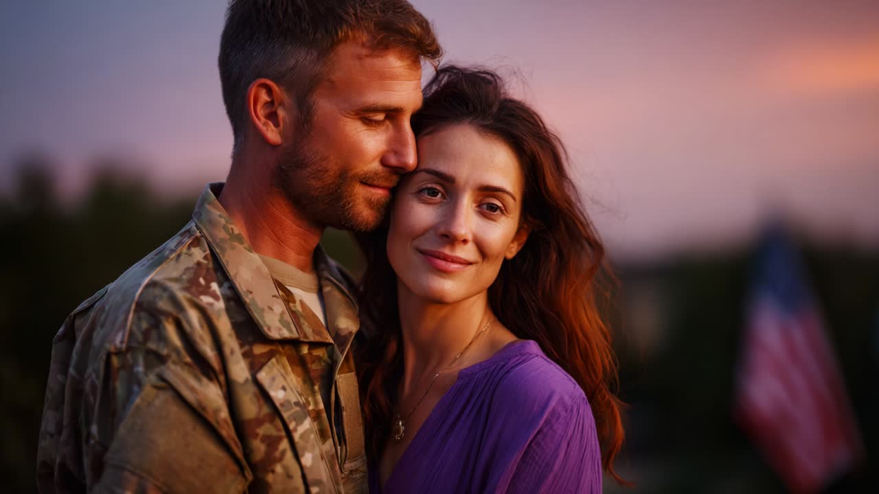 A touching moment between a soldier and his partner, captured during a serene sunset. Their expressions reveal love, connection, and the warmth of their bond, showcasing the emotional ties that withstand distance