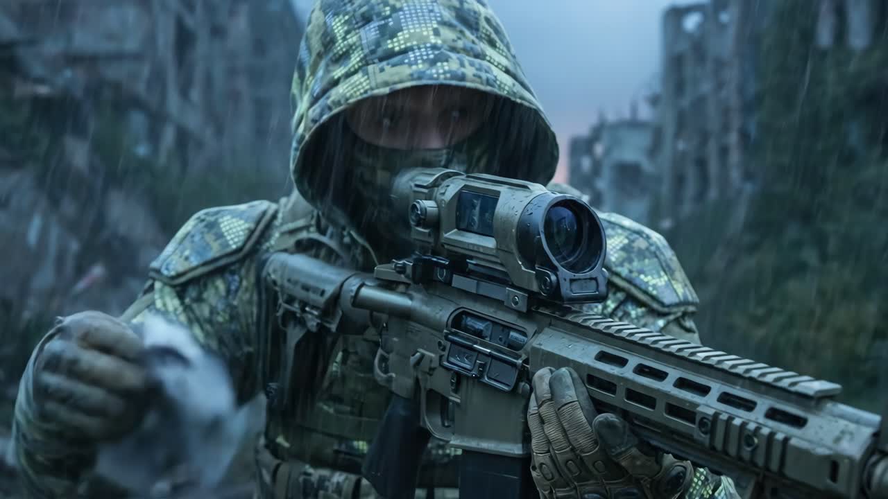 Sniper in Camouflage Prepares Rifle in Rainy Urban Ruins