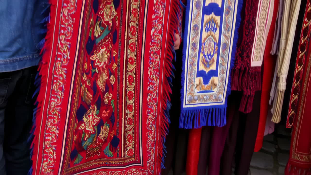 Colorful Rugs and Textiles at a European Market