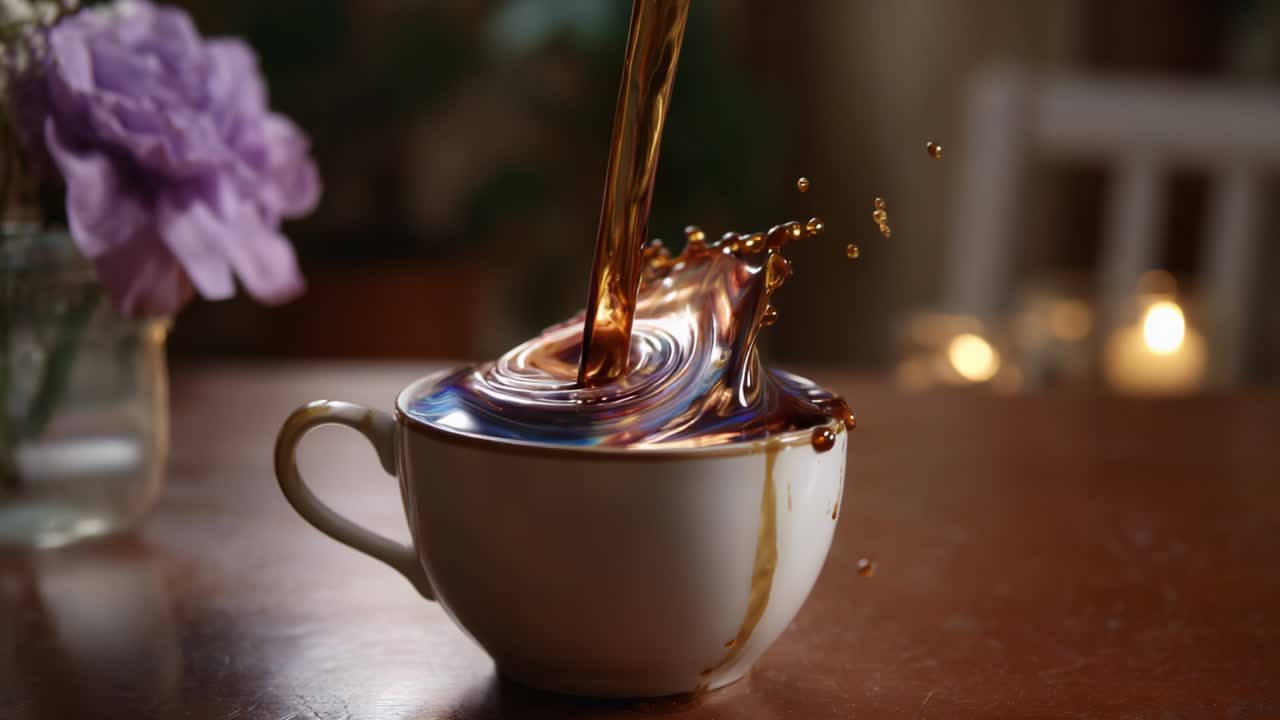 A captivating sequence of coffee being poured into a cup, showcasing the dynamic movement and splashes of liquid that create an artful display against a softly lit background, highlighting the rich texture and depth of color