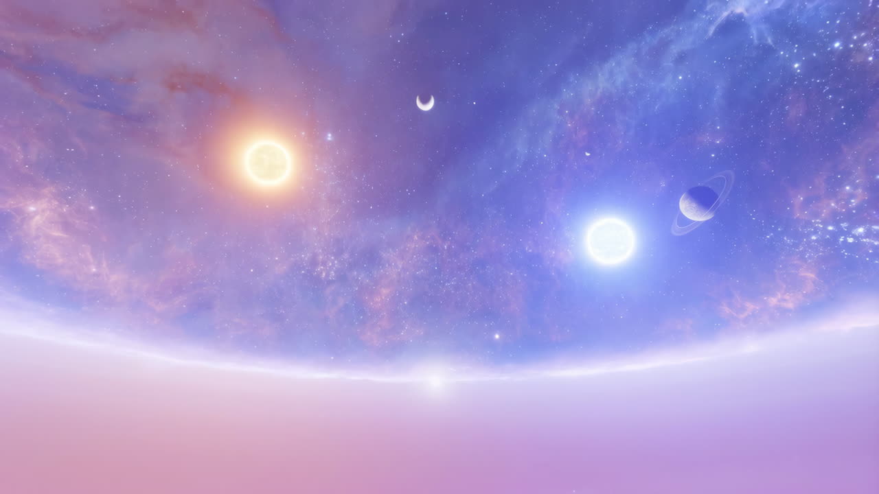 A vibrant cosmic landscape with multiple suns and a ringed planet