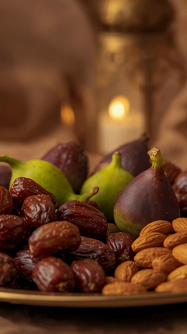 Vertical video: Sliding camera forward revealing platter at table to show figs dates almonds candle