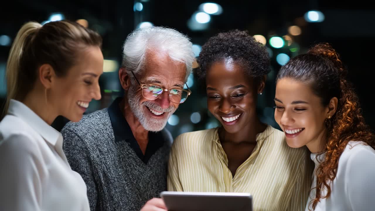 A Diverse Group Engaged in Collaborative Learning: Individuals Sharing Knowledge and Enjoying a Moment of Connection While Interacting with a Tablet in a Warm, Modern Environment