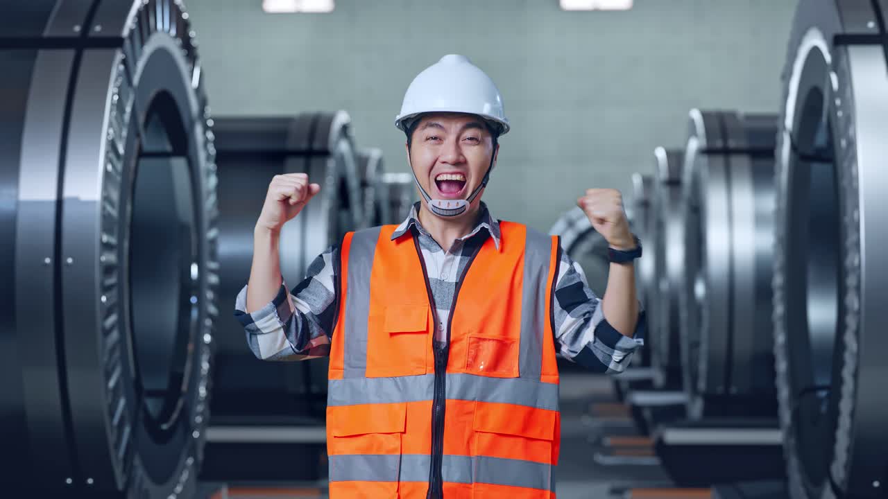 안전 헬을 입은 아시아 남성 엔지니어가 금속 공장에서 일하는 것을 축하하는 목표를 외치고 있습니다.