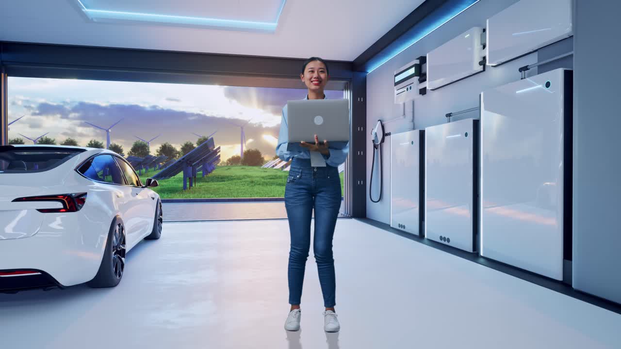 Full Body Of Asian Female With Her Laptop With Home Energy Storage System In a Modern Garage, She Observes By Looking Around Before She Come To Concentrating With Her Laptop