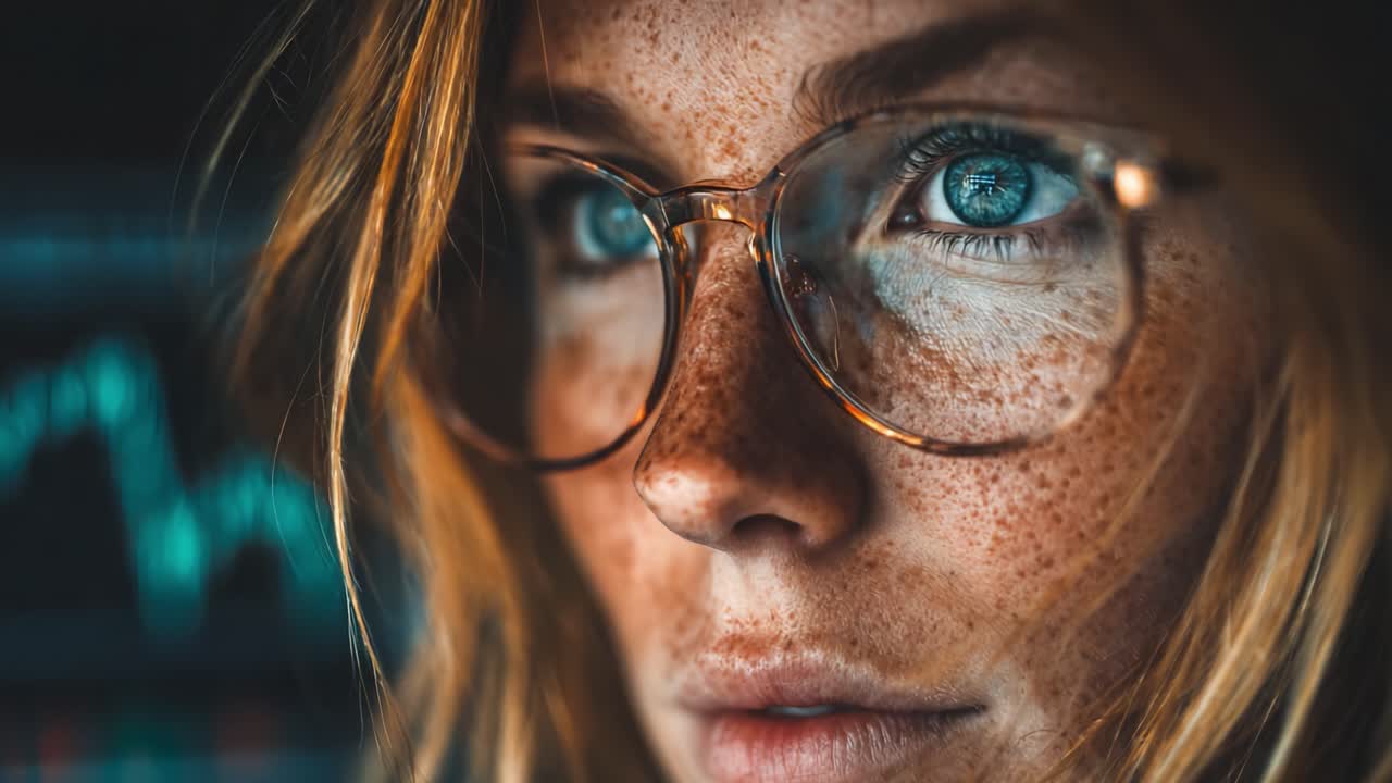 Focused Expression of a Young Woman with Freckles and Glasses, Captured in a Close-Up Shot Reflecting a Mix of Concentration and Curiosity Amidst a Digital Background