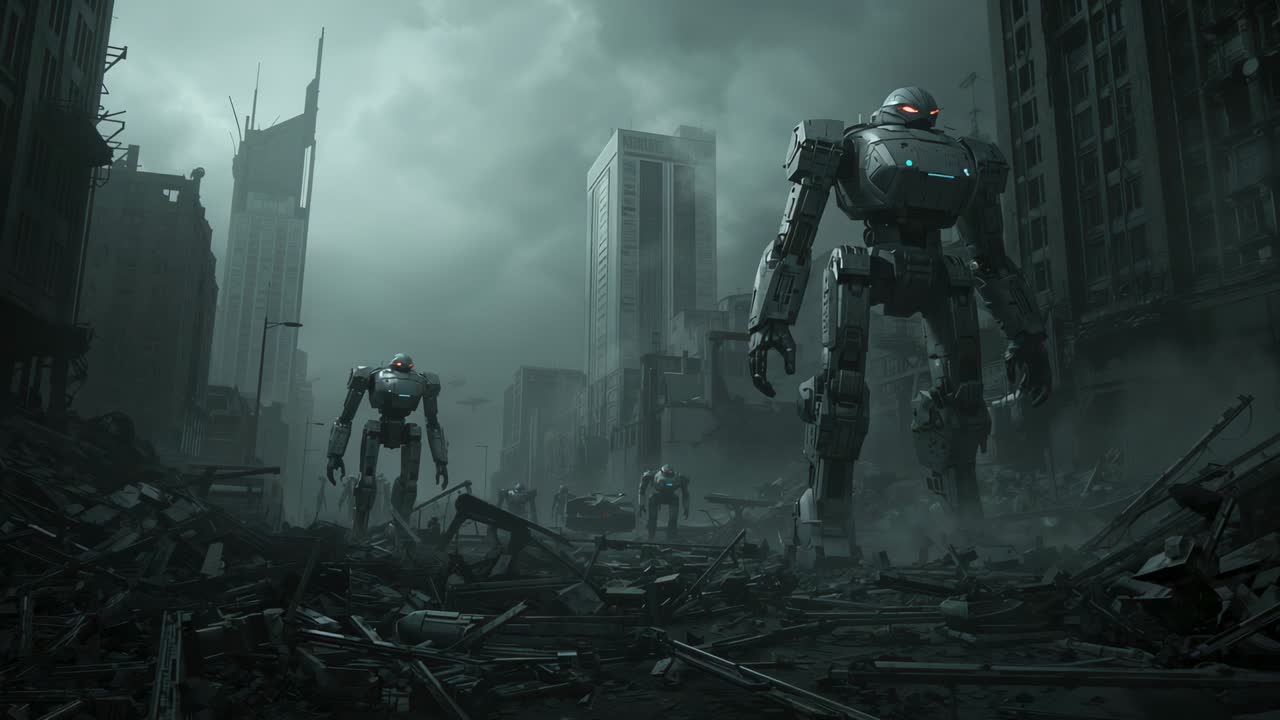 Emerging mechs with glowing red sensors marching across street in haze kicking debris copy space