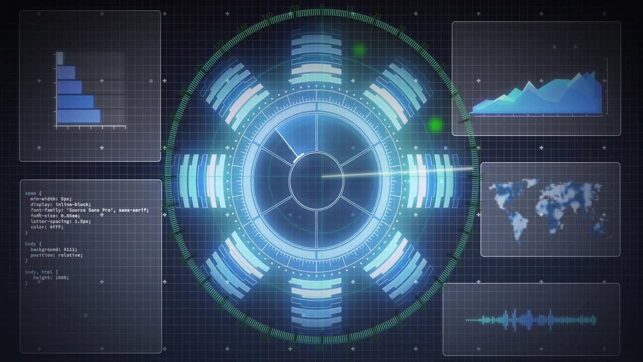 Scan beam initiating HUD sweep, panels transforming graphs for monitoring with pulsing status dot