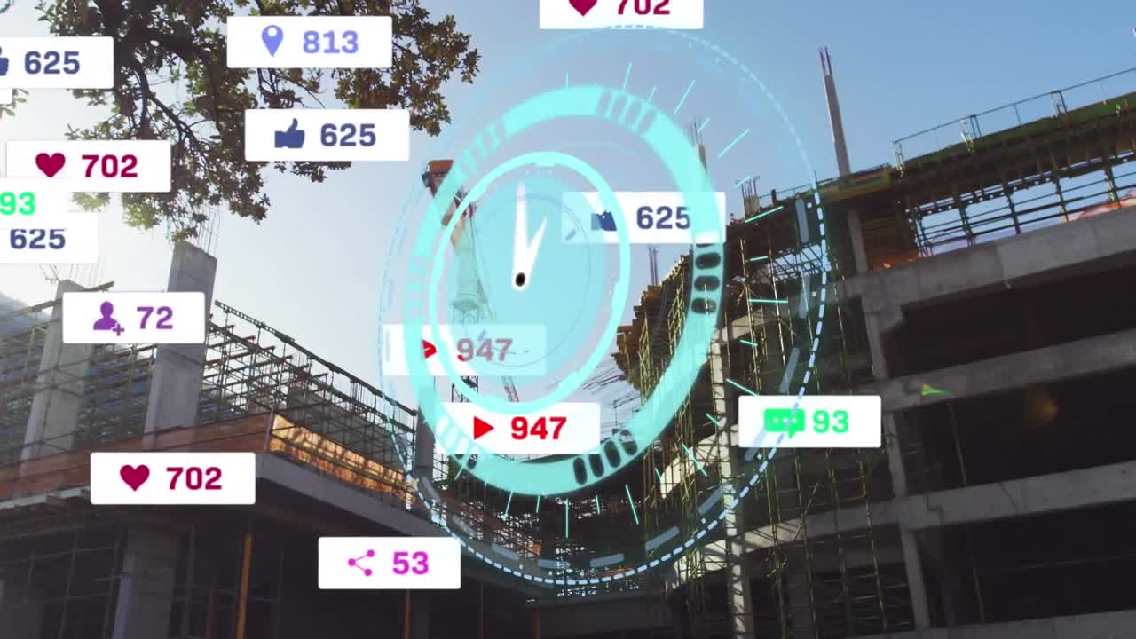 소셜 미디어 아이콘과 도시 풍경에 대한 시계 애니메이션