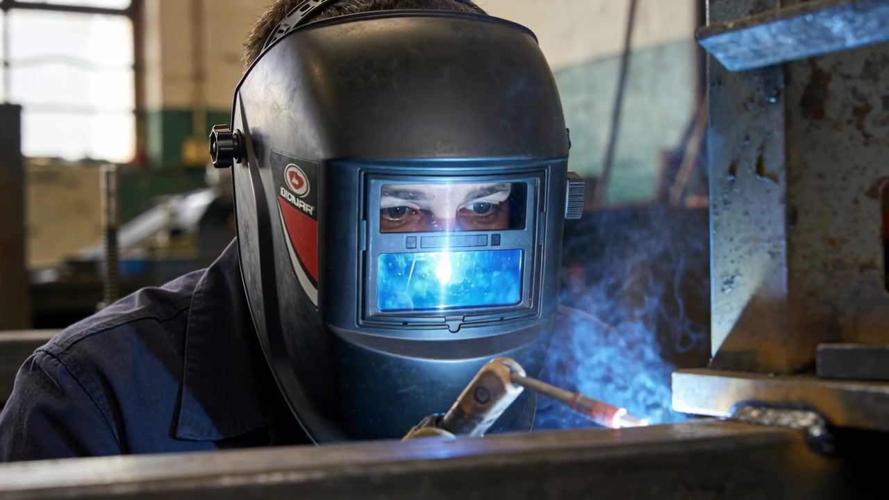 Lowering helmet, gloved welder gripping torch, striking arc and joining steel plates at metal shop