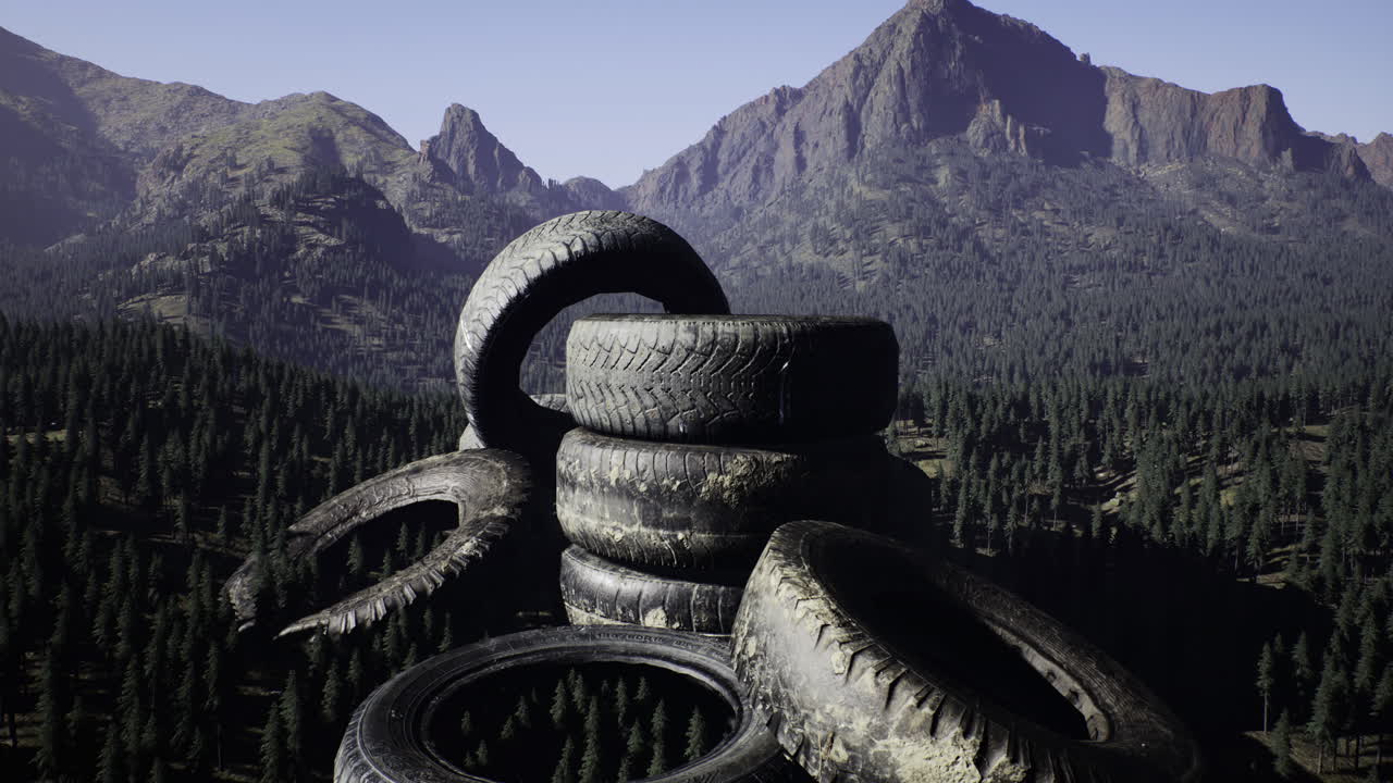Piles of discarded tires in a mountainous landscape with dense forest