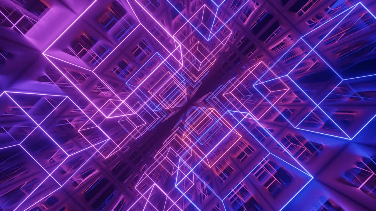 Hi-tech neon sci-fi tunel. Trendy neon glow lines form pattern and construction in mirror tunnel. Fly through technology cyberspace. Blue red boxes. 3d looped seamless 4k bright youth background.