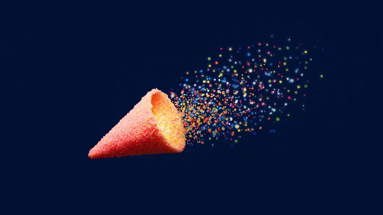 A Vibrant Cone Shaped Object Emitting a Colorful Stream of Particles in Motion Against a Deep Blue Background, Capturing the Essence of Celebration and Joyous Moments