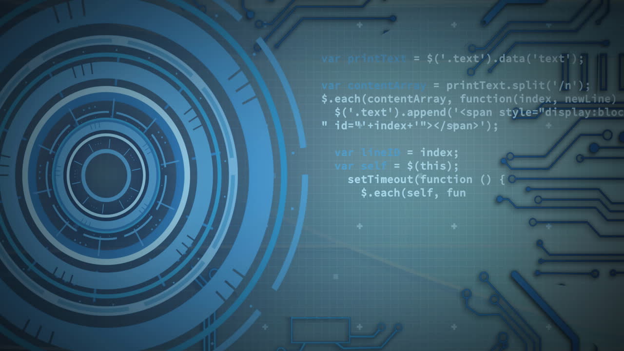 Animation of scope and data processing over circuit board on blue background