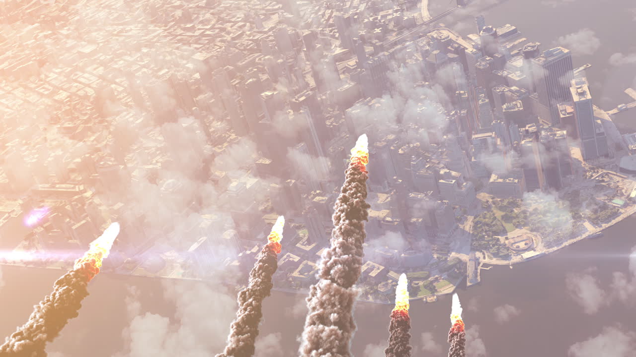 Rockets launching over cityscape