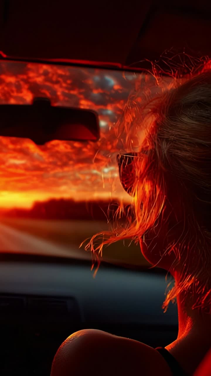 A Silhouette of a Woman Watching an Enigmatic Sunset from a Car, with Fiery Clouds Glowing in the Background, Capturing a Moment of Reflection and Tranquility