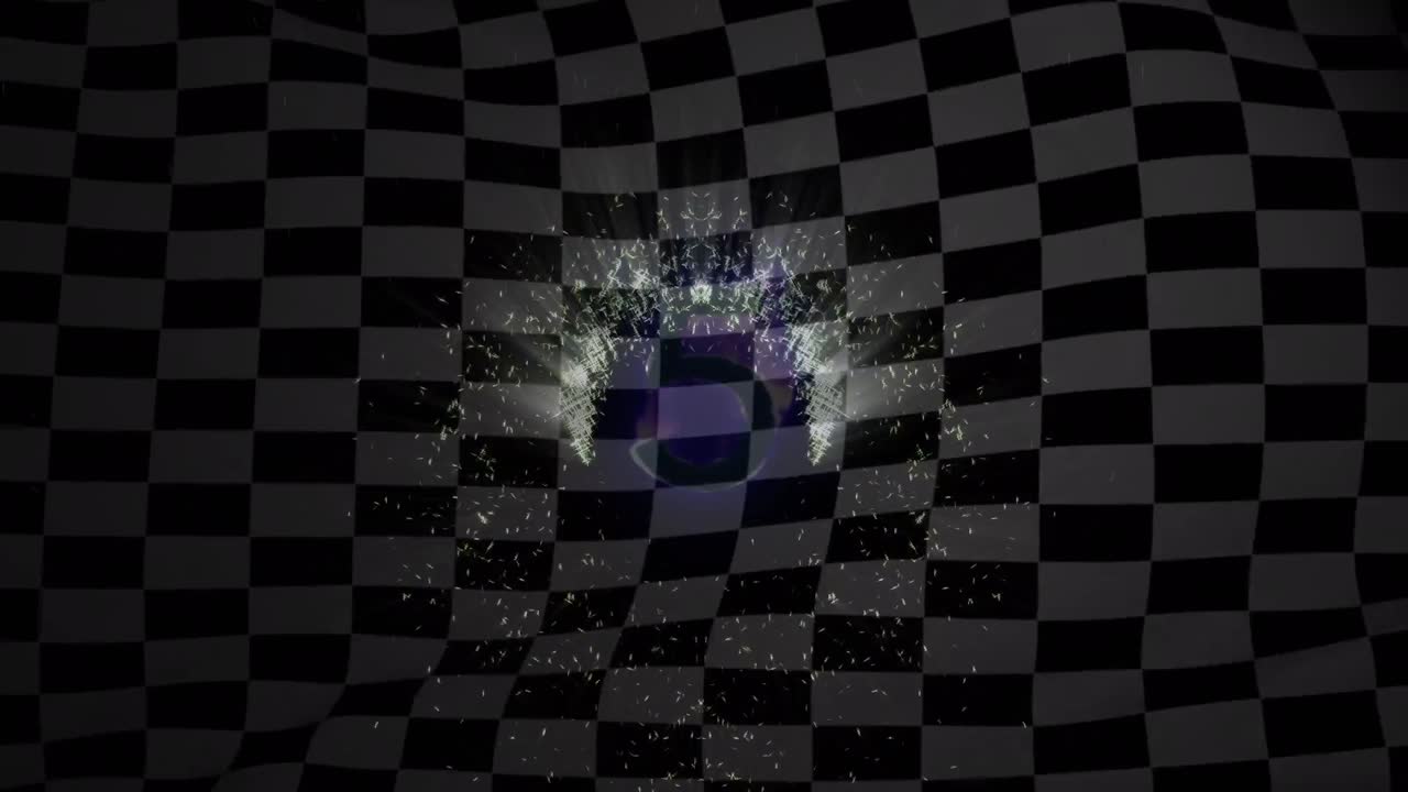 Animazione di un numero cinque fiammeggiante e luminoso su bandiera a scacchi in bianco e nero che sventola
