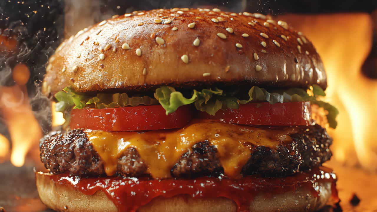 A hamburger with a slice of tomato and cheese on top. The bun is toasted and has a lot of sesame seeds on it. The burger is sitting on a table with a fire in the background