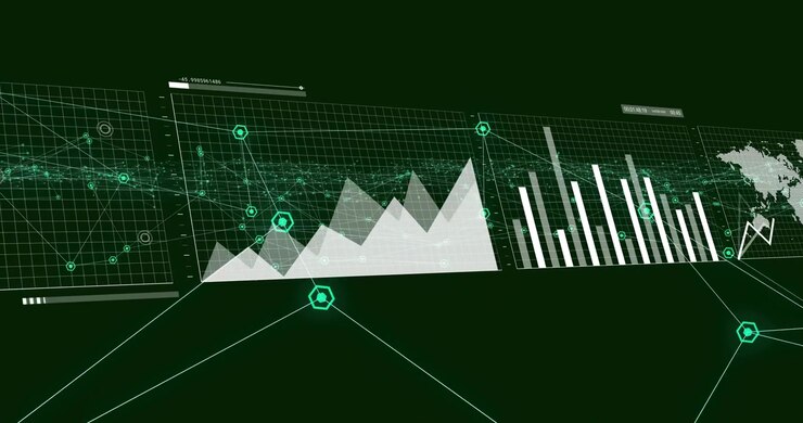 Camera panning right, HUD panels sliding in, network nodes pulsing, charts revealing trends
