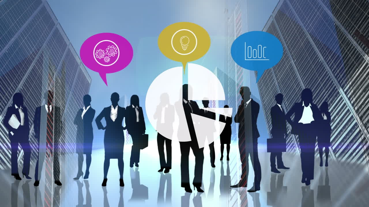 Animation of business people icons over server room