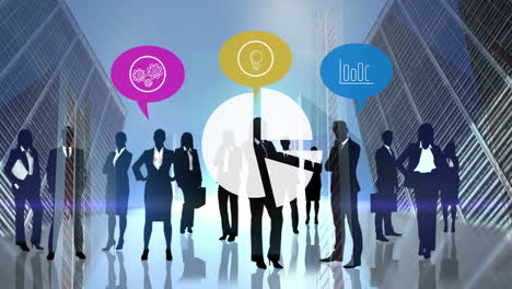 animation of business people icons over server room