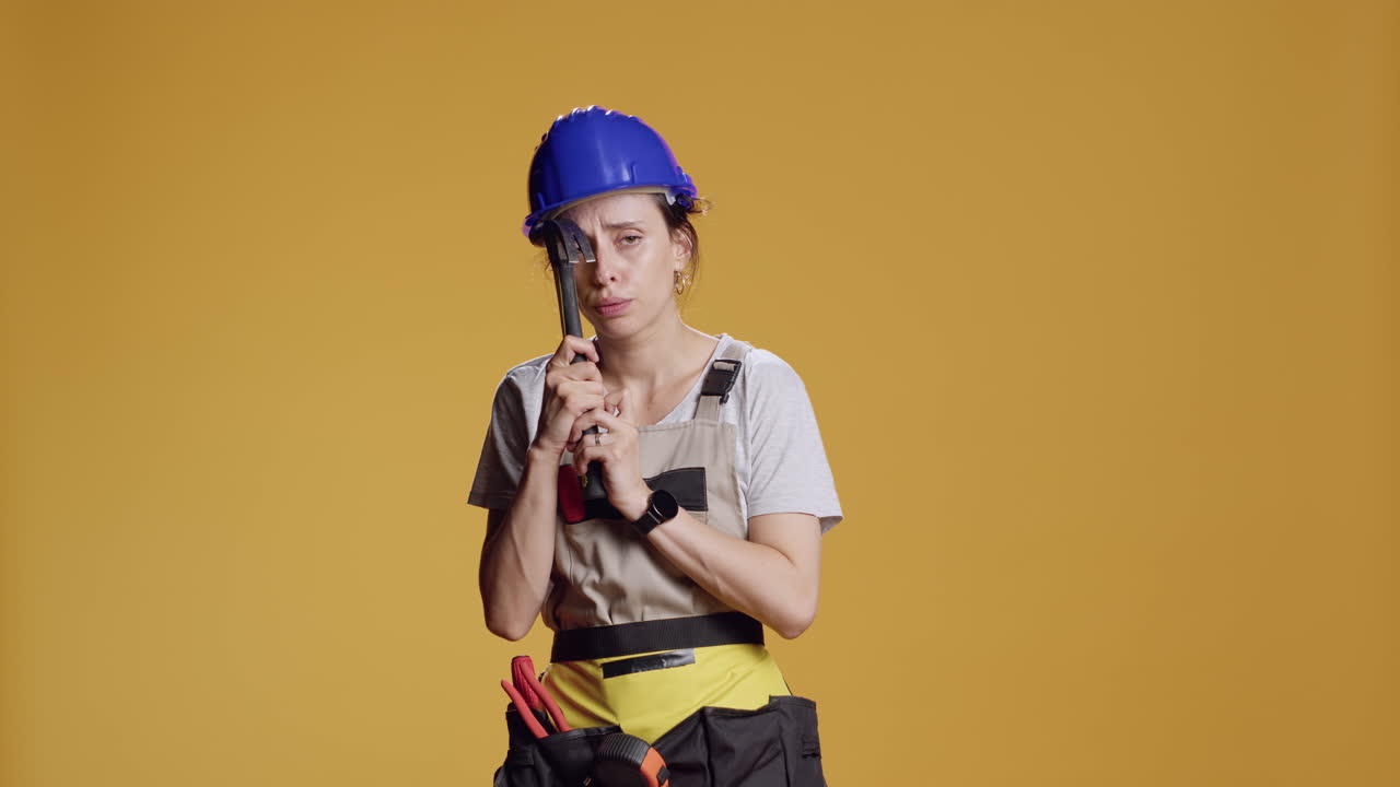 Portrait of powerful female builder having headache