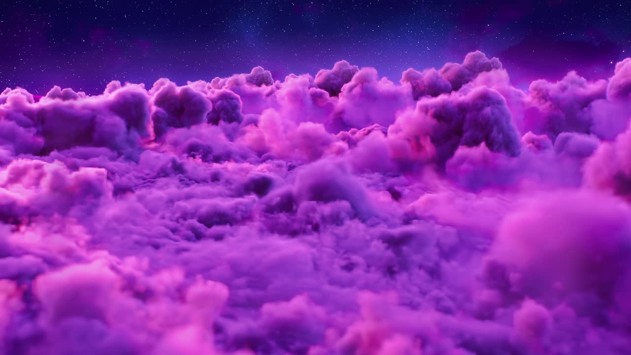 loop mira las nubes púrpuras de ensueño flotando bajo un cielo nocturno estrellado lleno de belleza