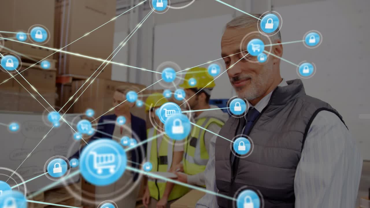 Animazione di una rete di connessioni su diversi lavoratori in un magazzino