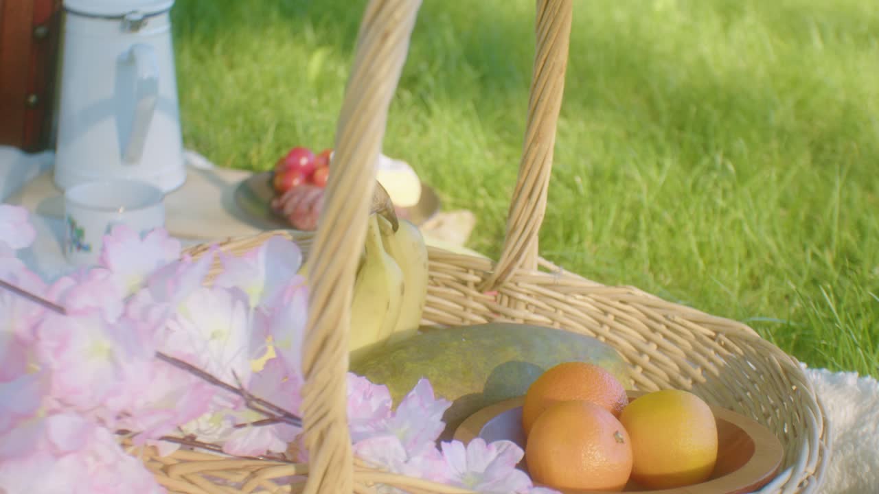 피크닉 바구니에 든 바나나 오렌지 파파야 브리 치즈 파크 틸트 팬에 담요 위에 있는 살라미 토마토