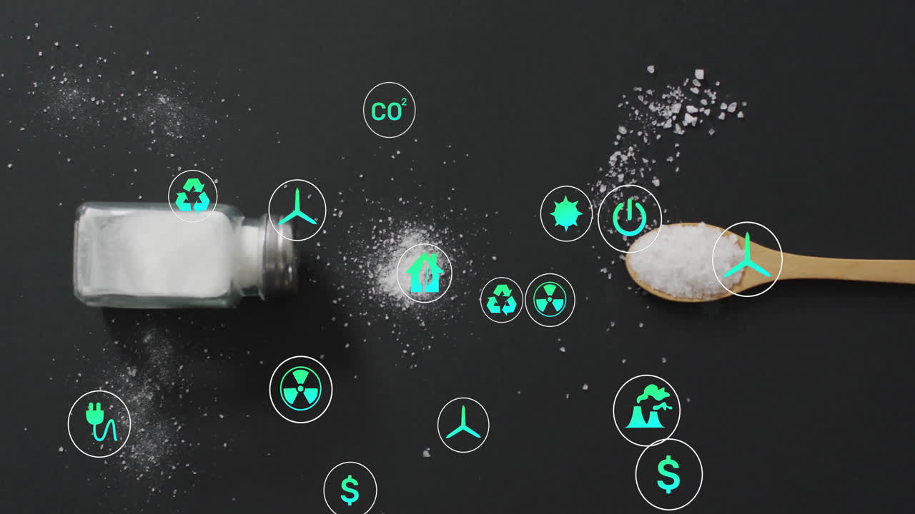 Environmental icons with salt shaker and spoon on black background in animation