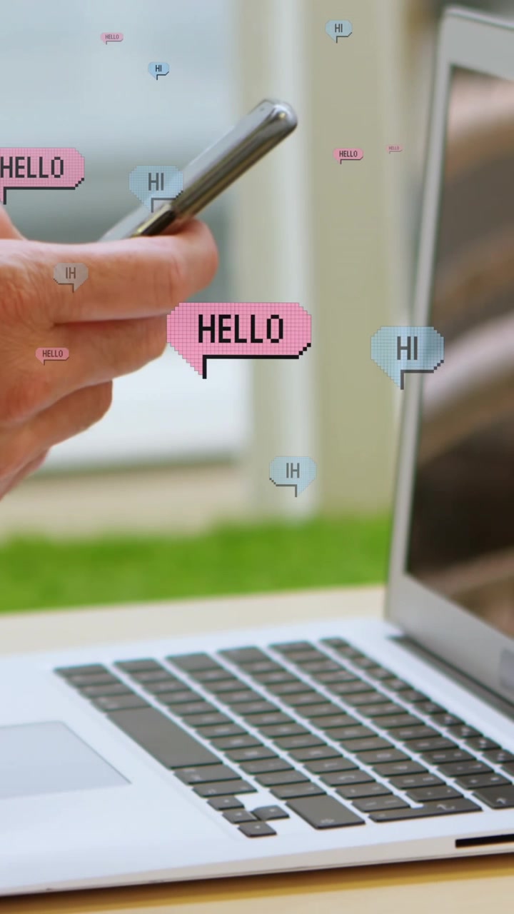 Animations of falling social media icons over person using laptop