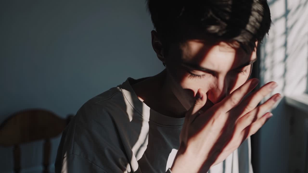 Um still de vídeo artístico e atmosférico, apresentando o perfil lateral de uma pessoa sob iluminação suave.