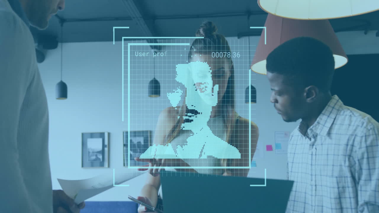 animación de escaneos de retratos digitales que procesan a diversos colegas que discuten en una oficina casual