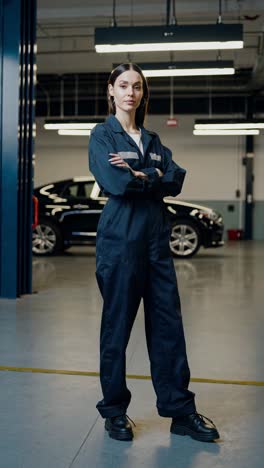 professional female mechanic standing confidently with crossed arms in automotive garage, embodying expertise and skill within modern industrial workspace