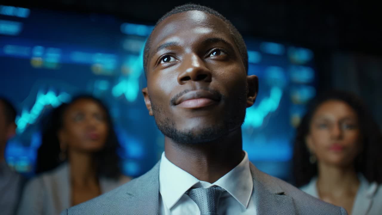 A Confident Businessman in a Suit Looking Upward with Hope Amidst a Team of Professionals in a Corporate Setting, Symbolizing Ambition and Success in a Financial Environment