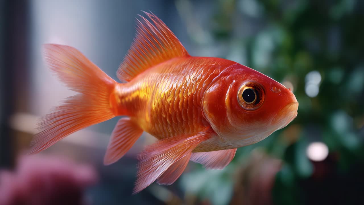 Visão em close-up de um lindo peixinho dourado laranja nadando graciosamente em um aquário cercado por vegetação exuberante, capturando suas características e cores únicas