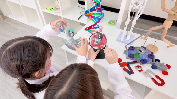 Nuoret opiskelijat valkoisissa takeissa tutkivat anatomisia ja DNA-malleja suurennuslasilla