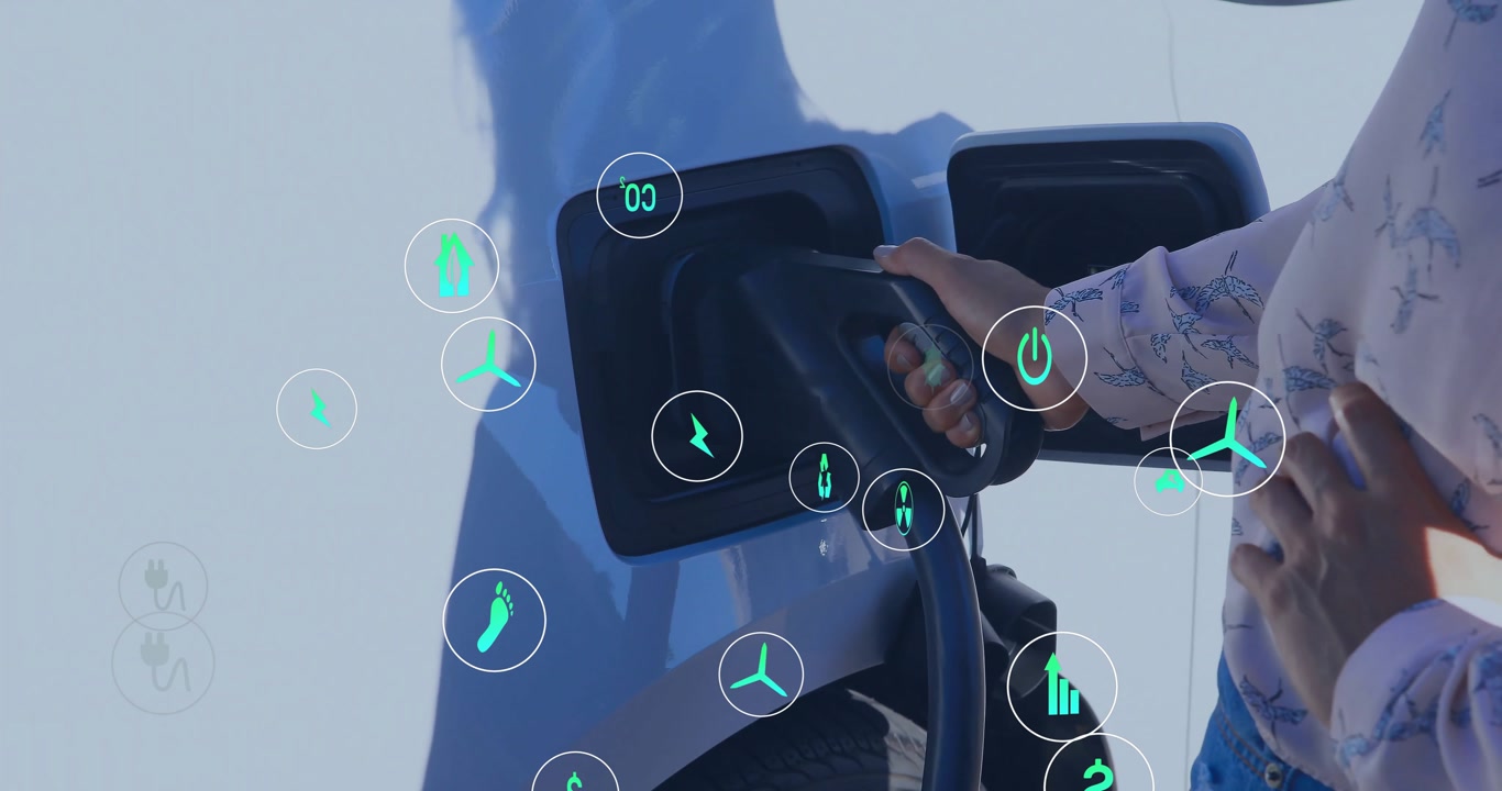 Animation of eco icons over african american man charging electric car