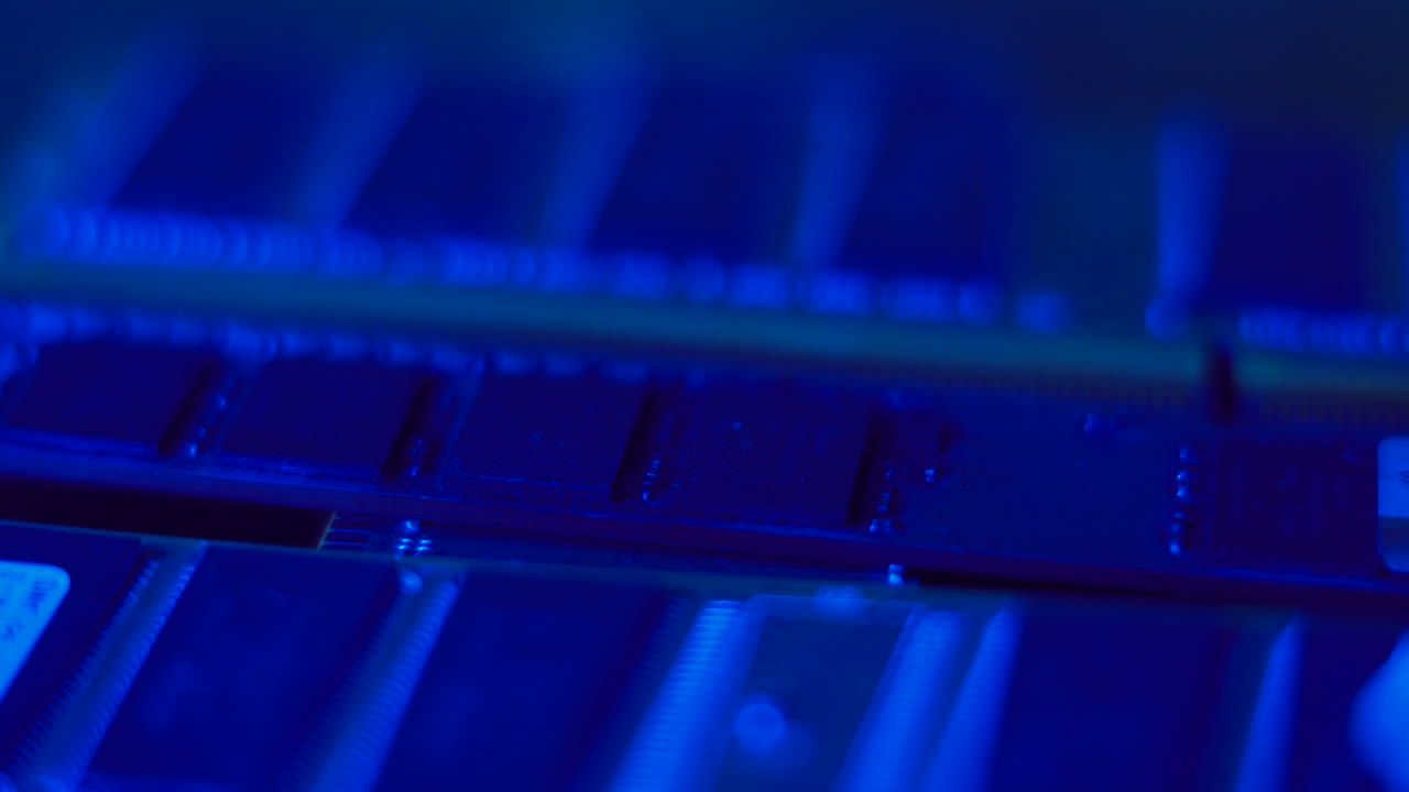Computer Ram Memory Modules in Blue Light, Macro Close Up