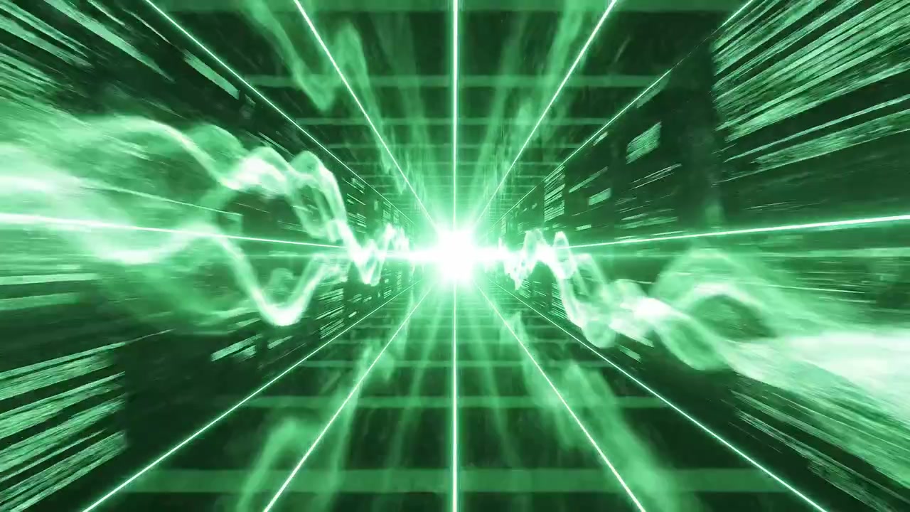 Volando a través de un túnel de datos digital futurista con luz verde y ondas de energía
