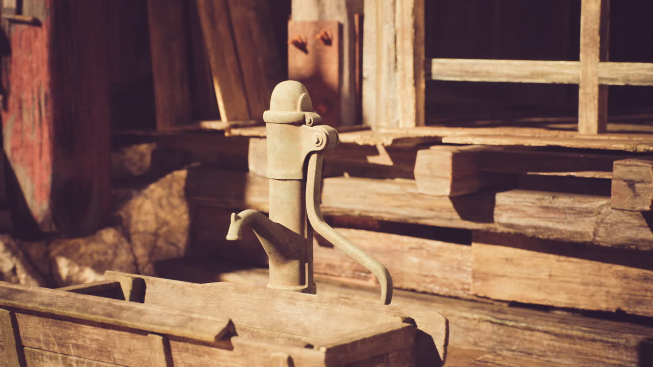 Wooden water pump near rustic cabin in countryside during sunny day
