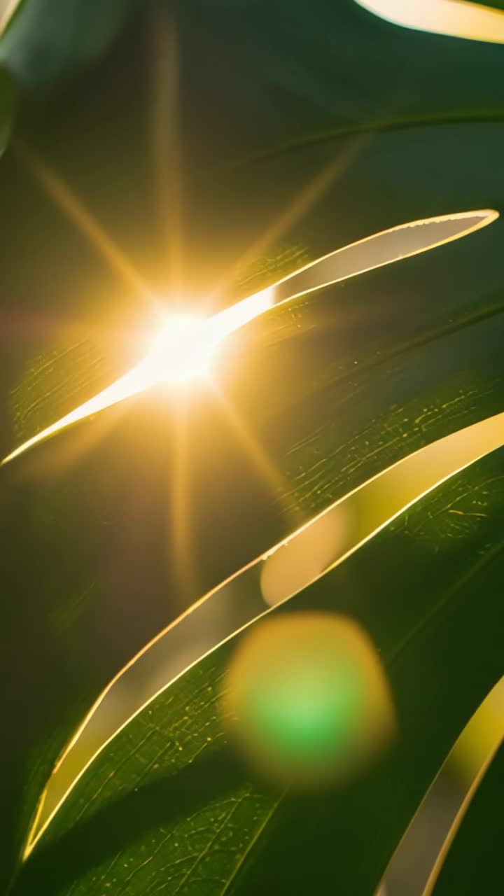 Vertical video: Casting beam through leaf slit under canopy, creating starburst and lens flares