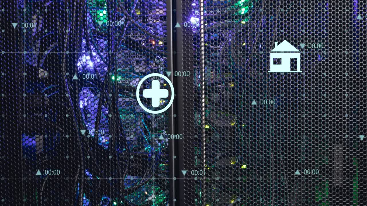 animación de iconos y procesamiento de datos a través de un servidor informático.