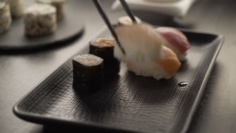 dinner at a japanese restaurant. eating sushi.