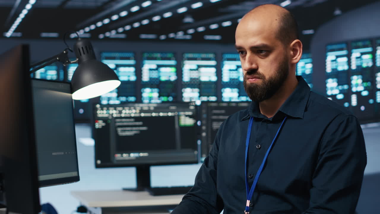 System administrator in server hub coding, protecting data