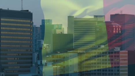colorful abstract shapes overlaying city skyline at sunset, creating animation effect