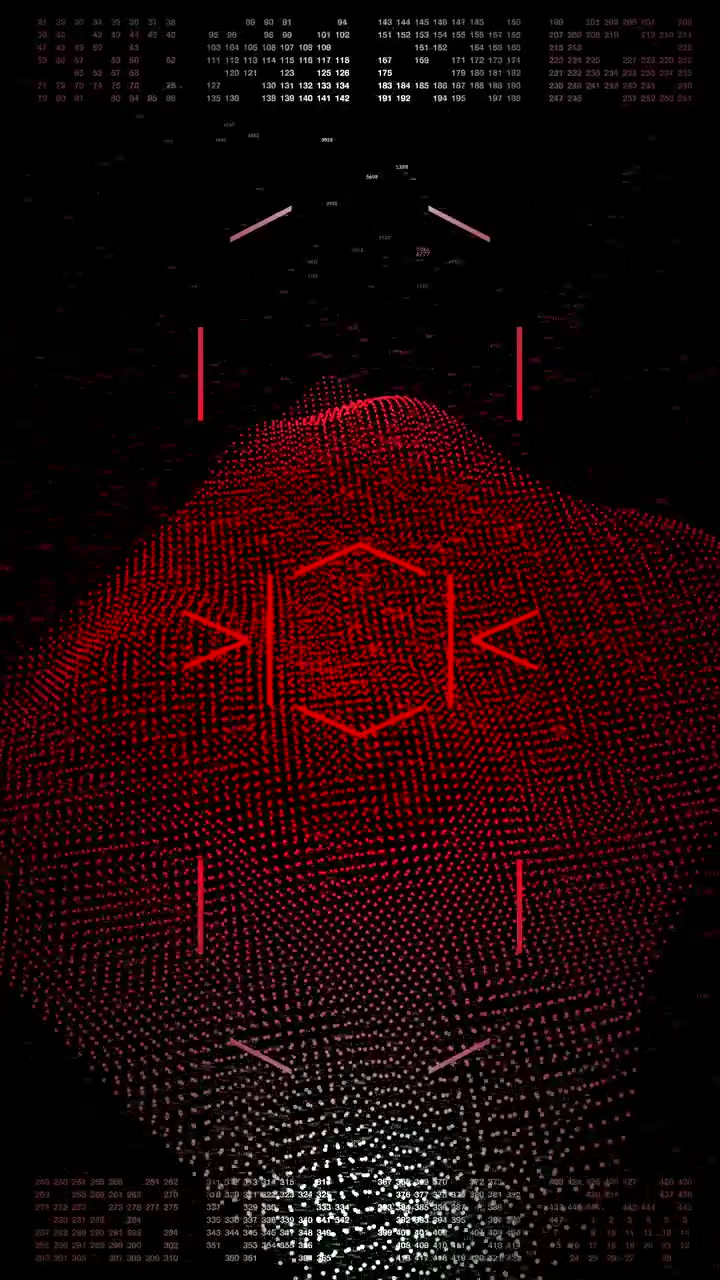 High-impact red UI data landscape with floating algorithmic numbers, target brackets, and waving particle mesh. Perfect for advanced machine learning dashboards and global cybersecurity interfaces.