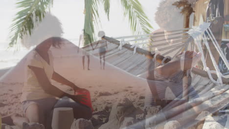 girl kneeling building sandcastle under palm tree, travel ads overlaying animated red bucket icons
