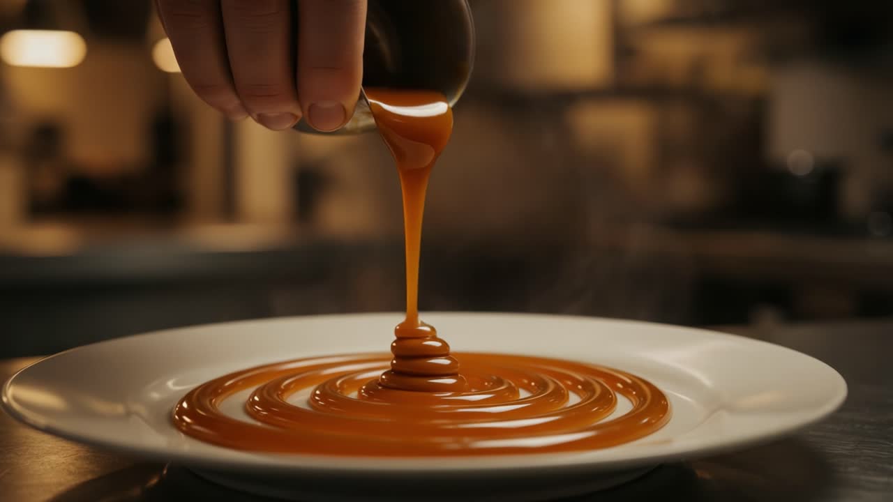 Artful Drizzling of Sauce: Capturing the Fluid Elegance and Culinary Mastery in a Beautifully Plated Dish with a Deliciously Rich Flavor Profile