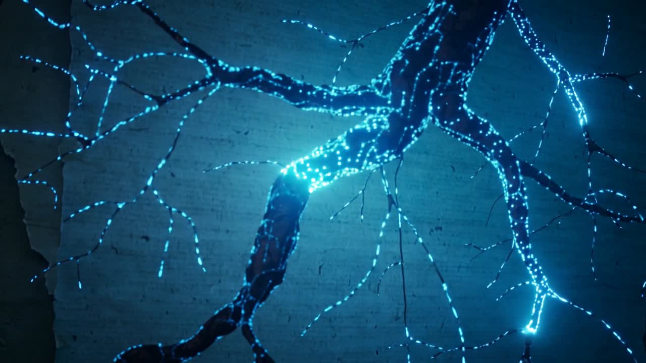 Entering central limb sending cyan signal along branch network on concrete wall, torn plaster